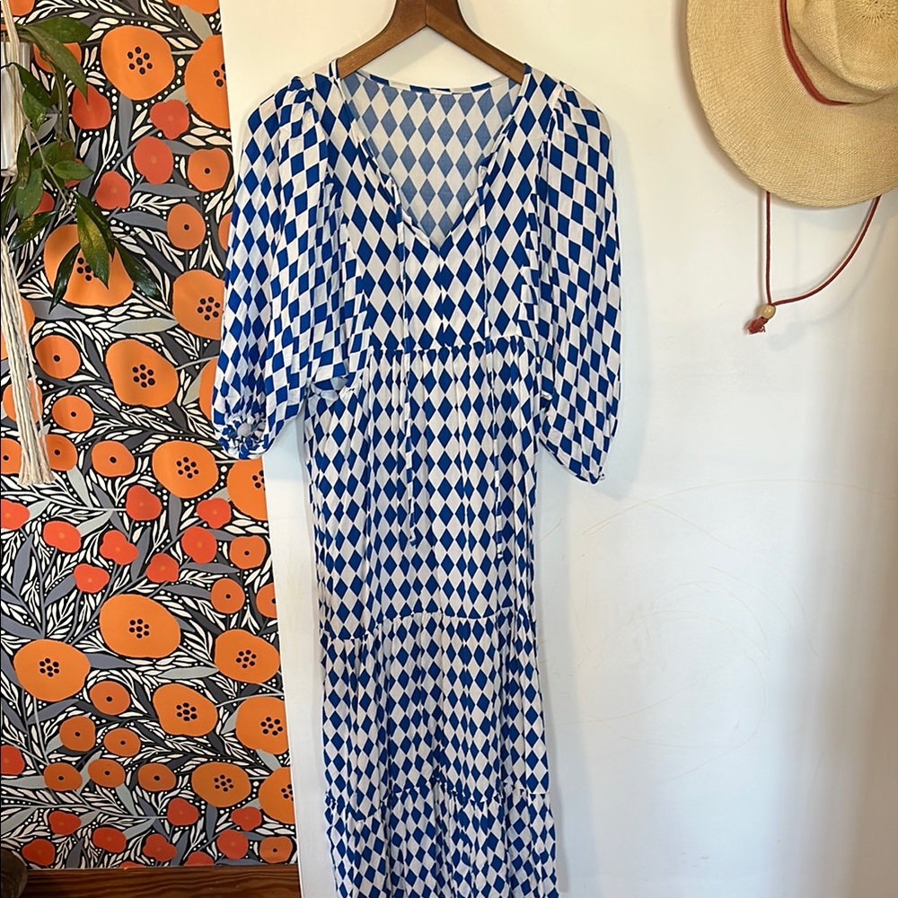 Blue and White Geometric Pattern Dress